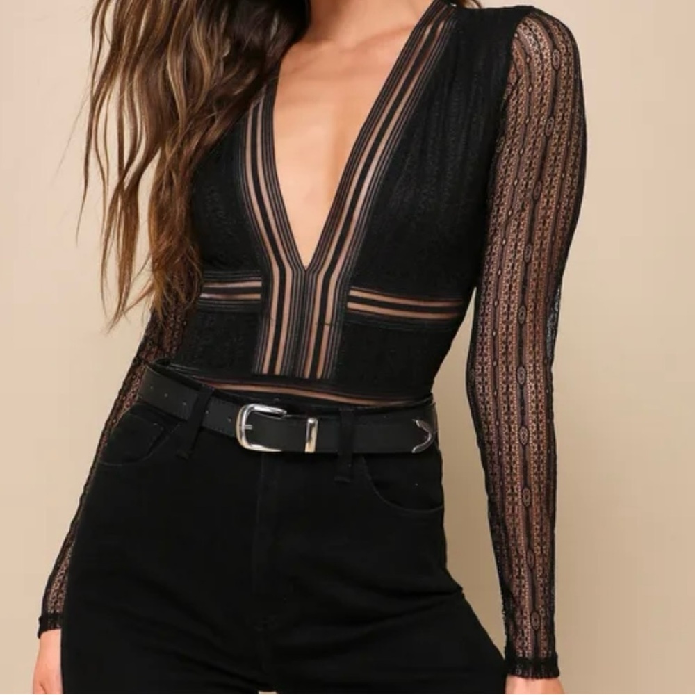 Casita Black Sheer Lace Long Sleeve Bodysuit